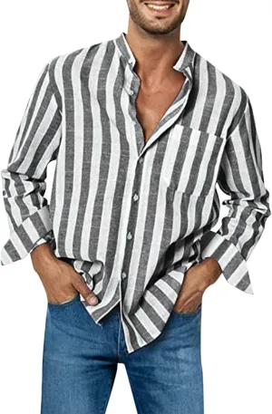 Mens Linen Shirts Striped Short/Long Sleeve Button Down Relaxed Fit Lightweight Spring Summer Casual Dressy T Shirt