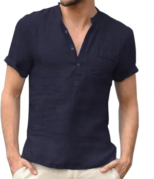 Men's Linen Shirts V Neck Button Short Sleeve Henley Shirt Vintage Wash Cotton Lightweight Loose Summer Beach Tees