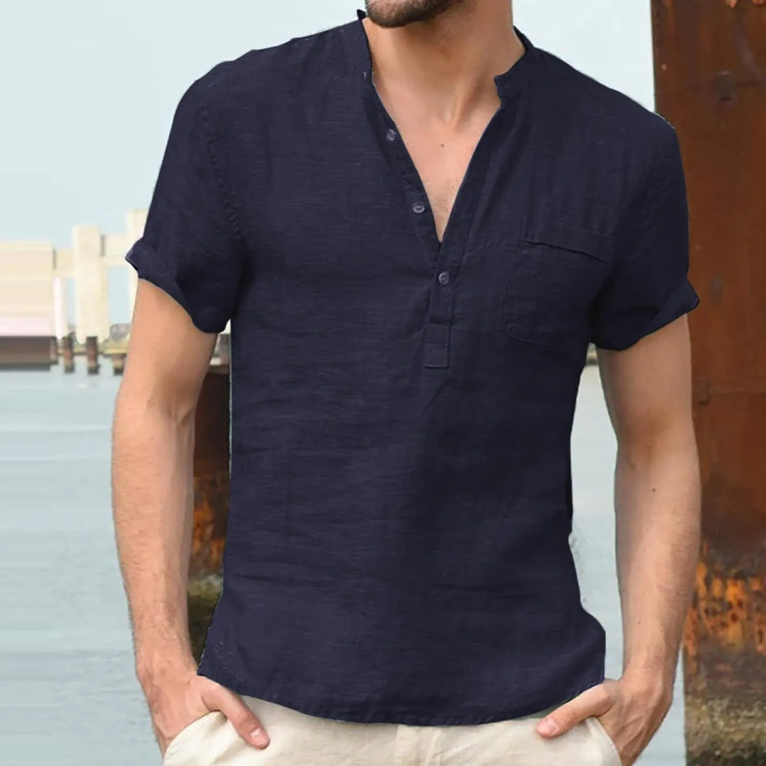 Men's Linen Shirts V Neck Button Short Sleeve Henley Shirt Vintage Wash Cotton Lightweight Loose Summer Beach Tees