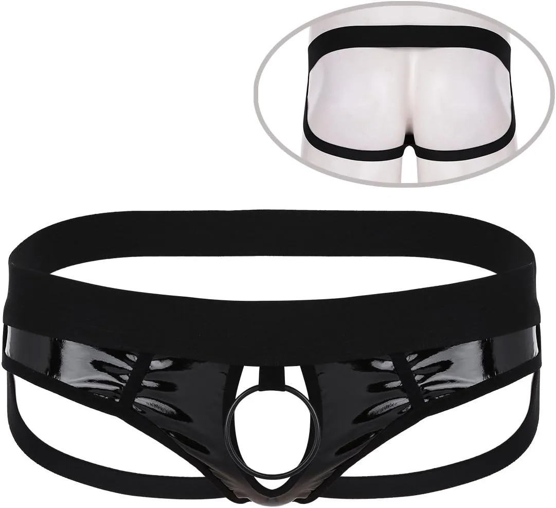 Mens Patent Leather Jock Strap Enhancer Open Front Hole Underwear Bikini Briefs Thongs Lingerie