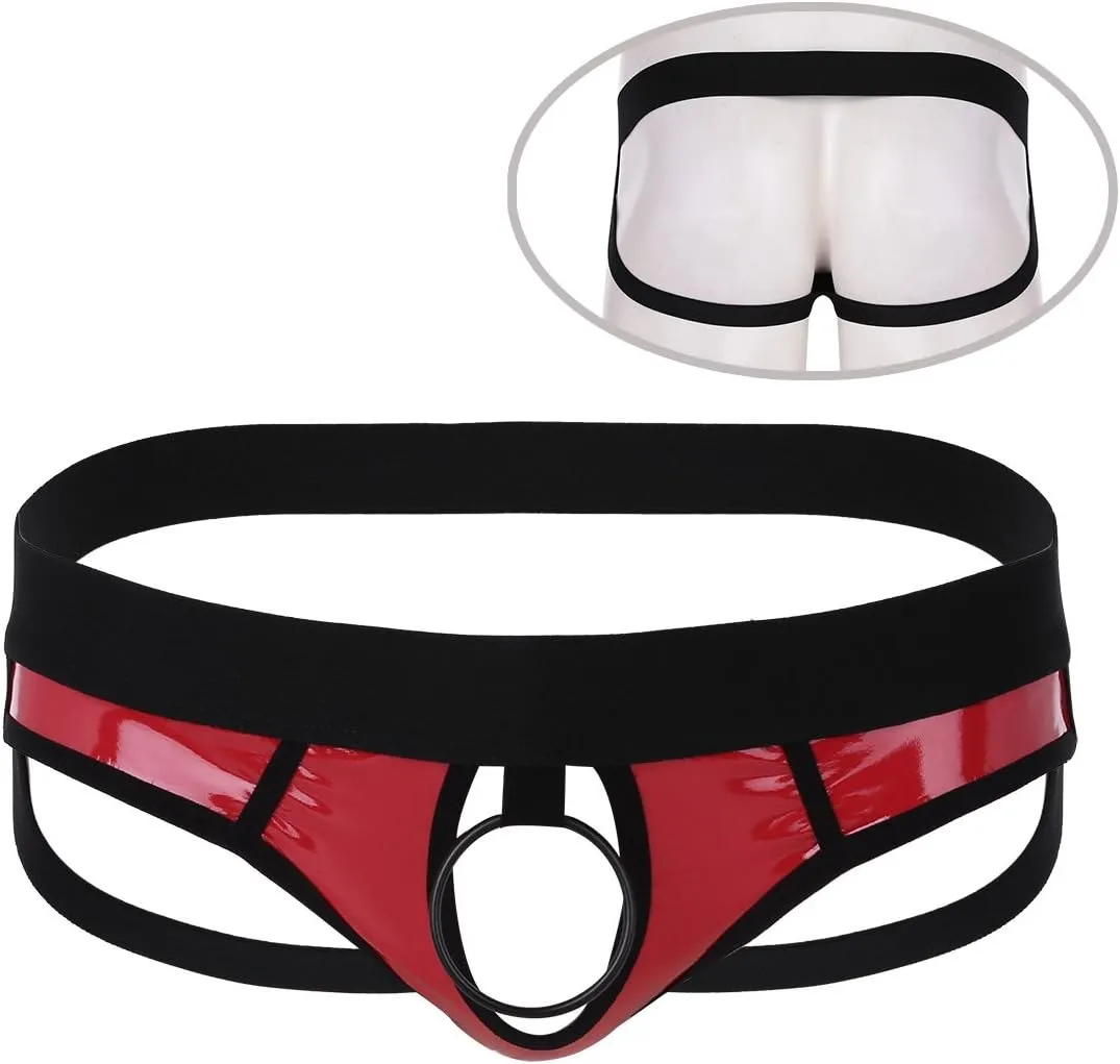 Mens Patent Leather Jock Strap Enhancer Open Front Hole Underwear Bikini Briefs Thongs Lingerie