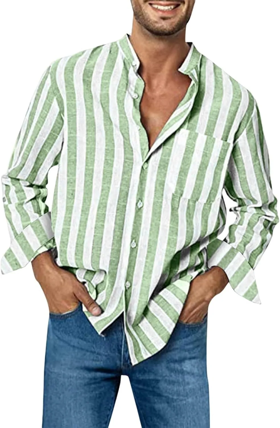Mens Striped Shirts Casual Loose Stylish Long Sleeve Dress Shirt Linen Band Collar Button Down Tops with Pockets
