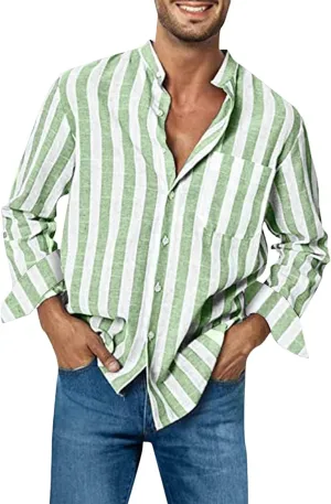 Mens Striped Shirts Casual Loose Stylish Long Sleeve Dress Shirt Linen Band Collar Button Down Tops with Pockets