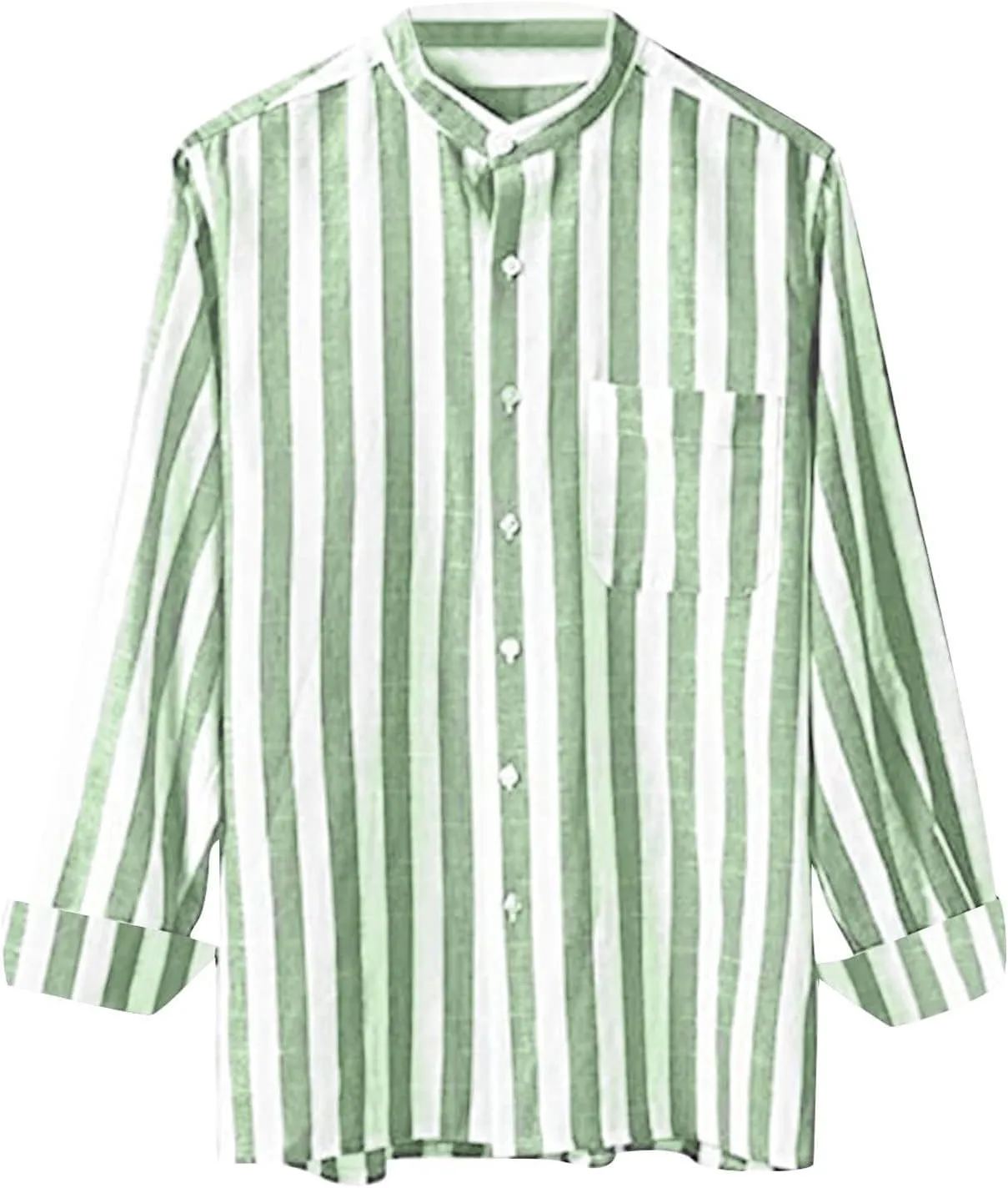 Mens Striped Shirts Casual Loose Stylish Long Sleeve Dress Shirt Linen Band Collar Button Down Tops with Pockets