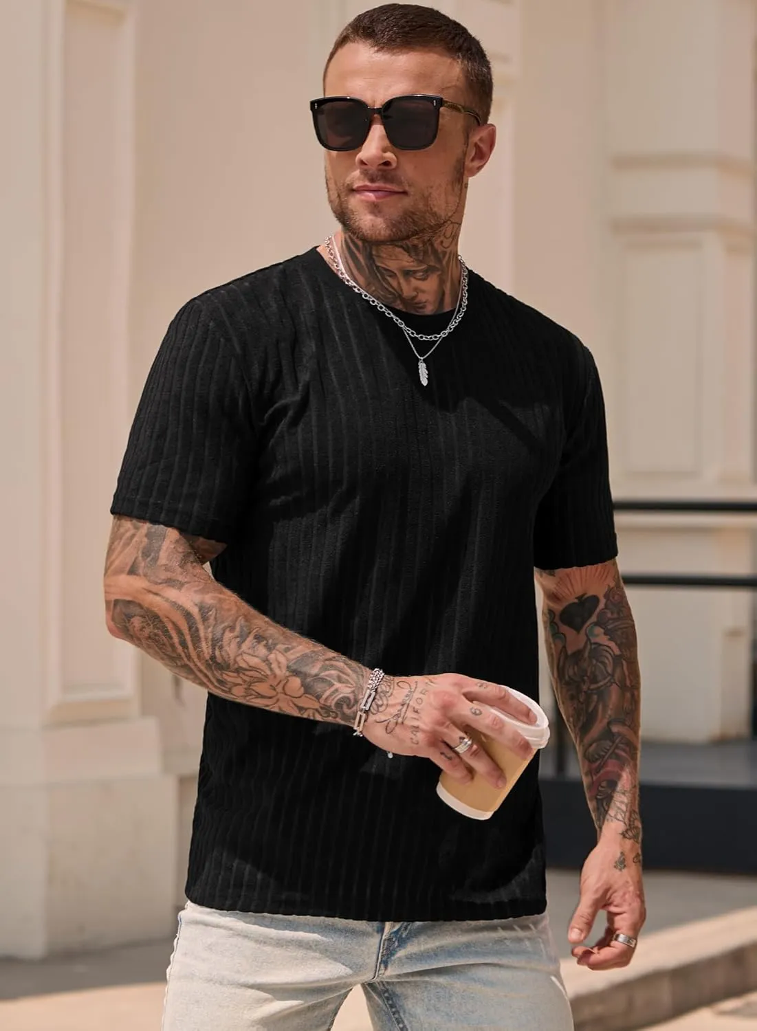Mens Textured Shirts Casual Stretch T-Shirts Summer Crewneck Short Sleeve Tee Shirts (S-XXL)