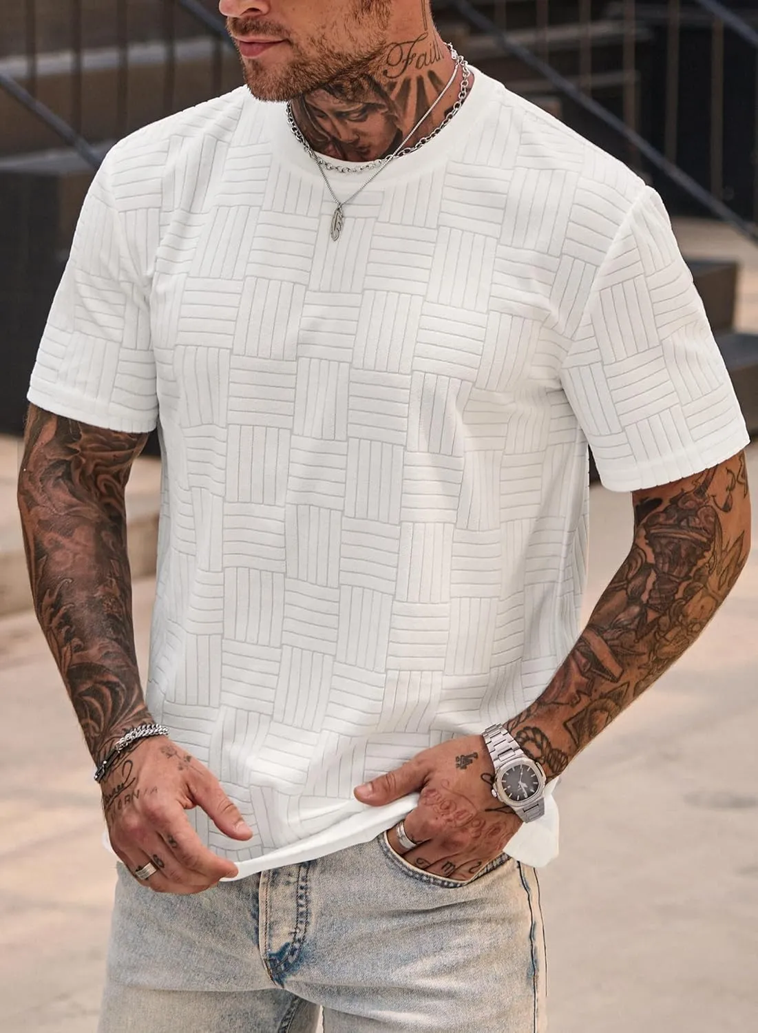 Mens Textured Shirts Casual Stretch T-Shirts Summer Crewneck Short Sleeve Tee Shirts (S-XXL)