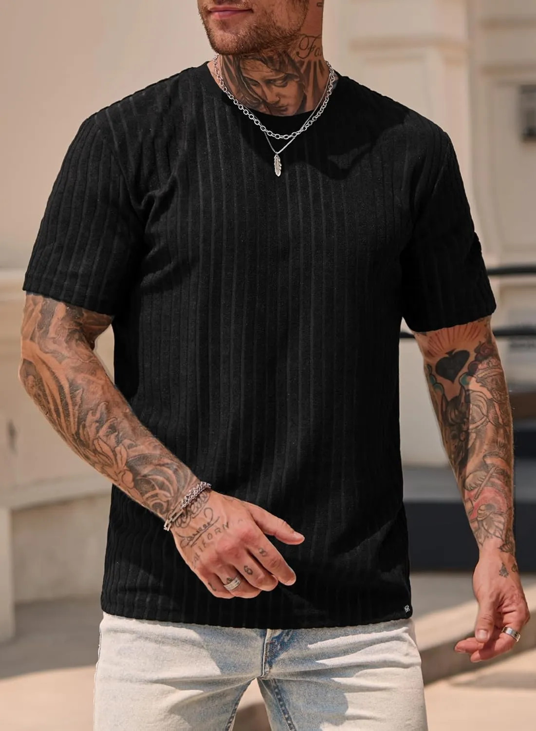 Mens Textured Shirts Casual Stretch T-Shirts Summer Crewneck Short Sleeve Tee Shirts (S-XXL)