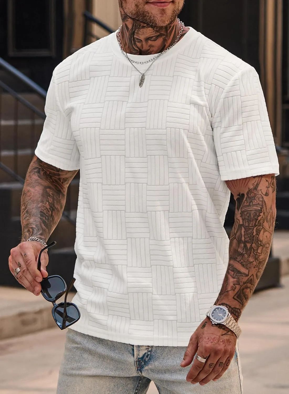 Mens Textured Shirts Casual Stretch T-Shirts Summer Crewneck Short Sleeve Tee Shirts (S-XXL)