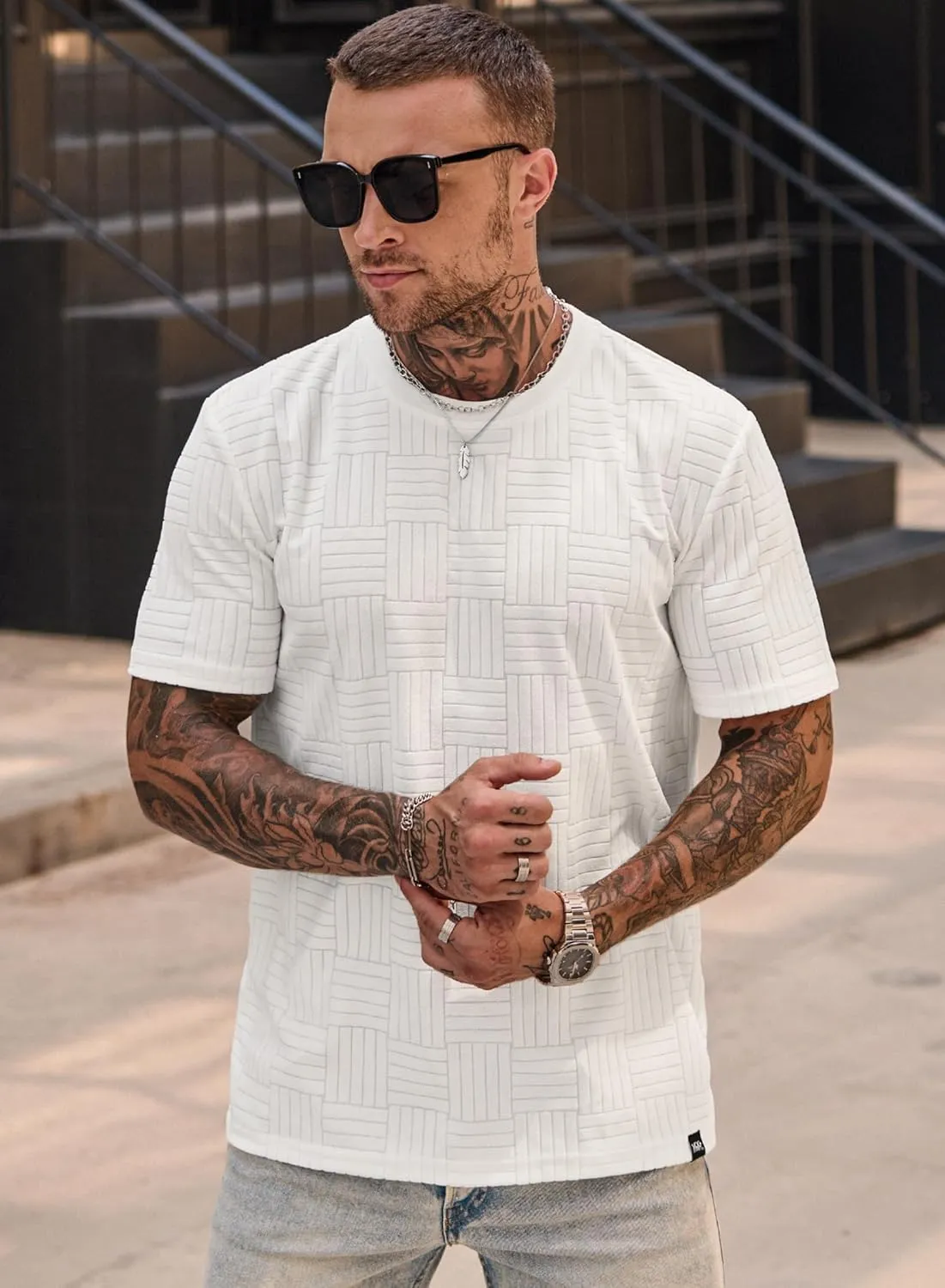 Mens Textured Shirts Casual Stretch T-Shirts Summer Crewneck Short Sleeve Tee Shirts (S-XXL)
