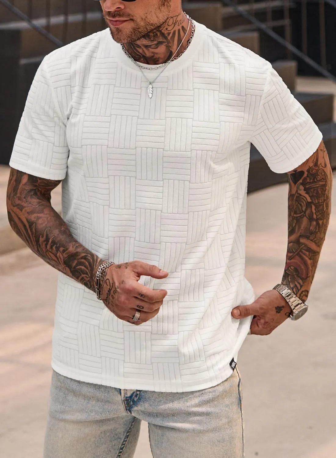Mens Textured Shirts Casual Stretch T-Shirts Summer Crewneck Short Sleeve Tee Shirts (S-XXL)