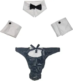 Mens Waiter Suit 4 Pcs Bow Tie Collar Brief Shorts Tuxedo Costume Underwear Outfit Set Roleplay Nightclub