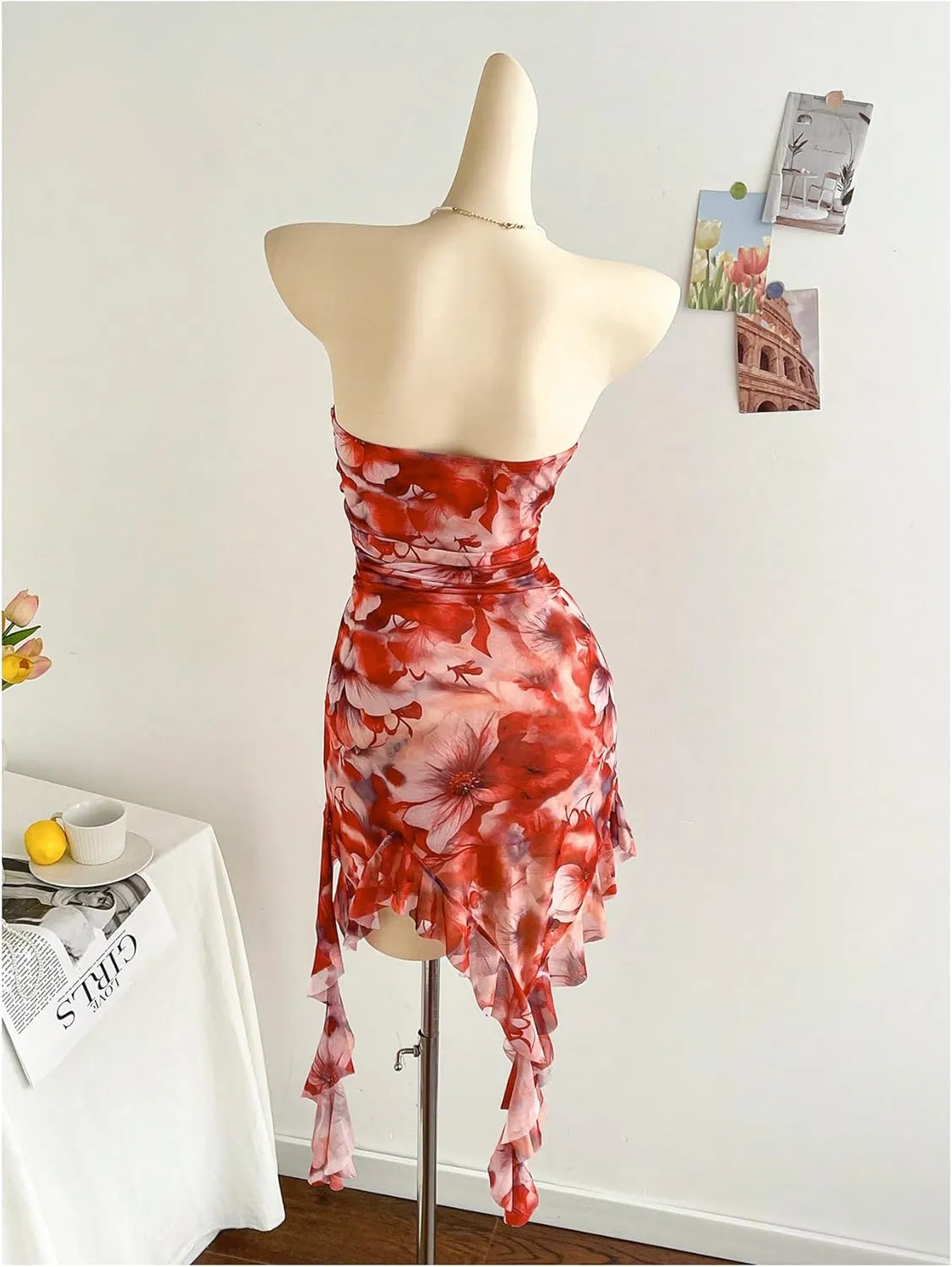 Milumia Women's Floral Print Tube Dress Ruffle Asymmetrical Hem Mini Bodycon Dresses