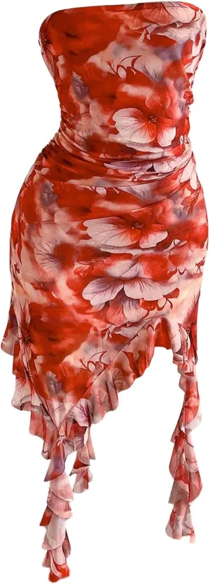 Milumia Women's Floral Print Tube Dress Ruffle Asymmetrical Hem Mini Bodycon Dresses