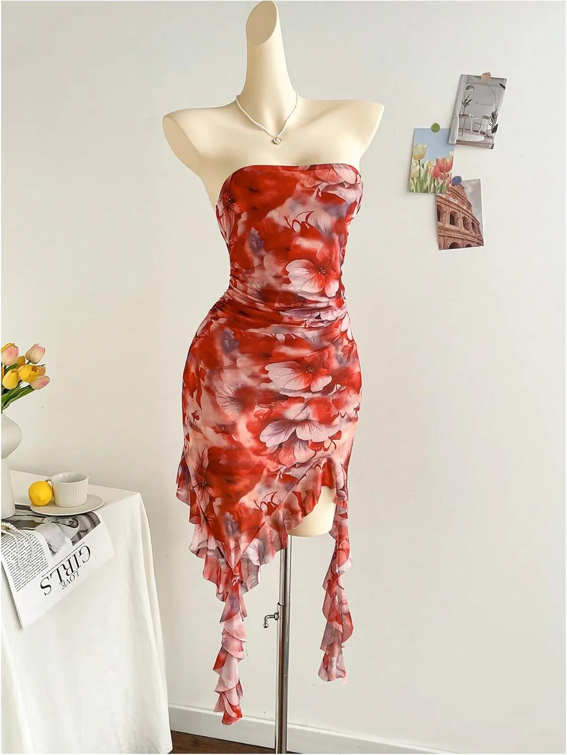 Milumia Women's Floral Print Tube Dress Ruffle Asymmetrical Hem Mini Bodycon Dresses