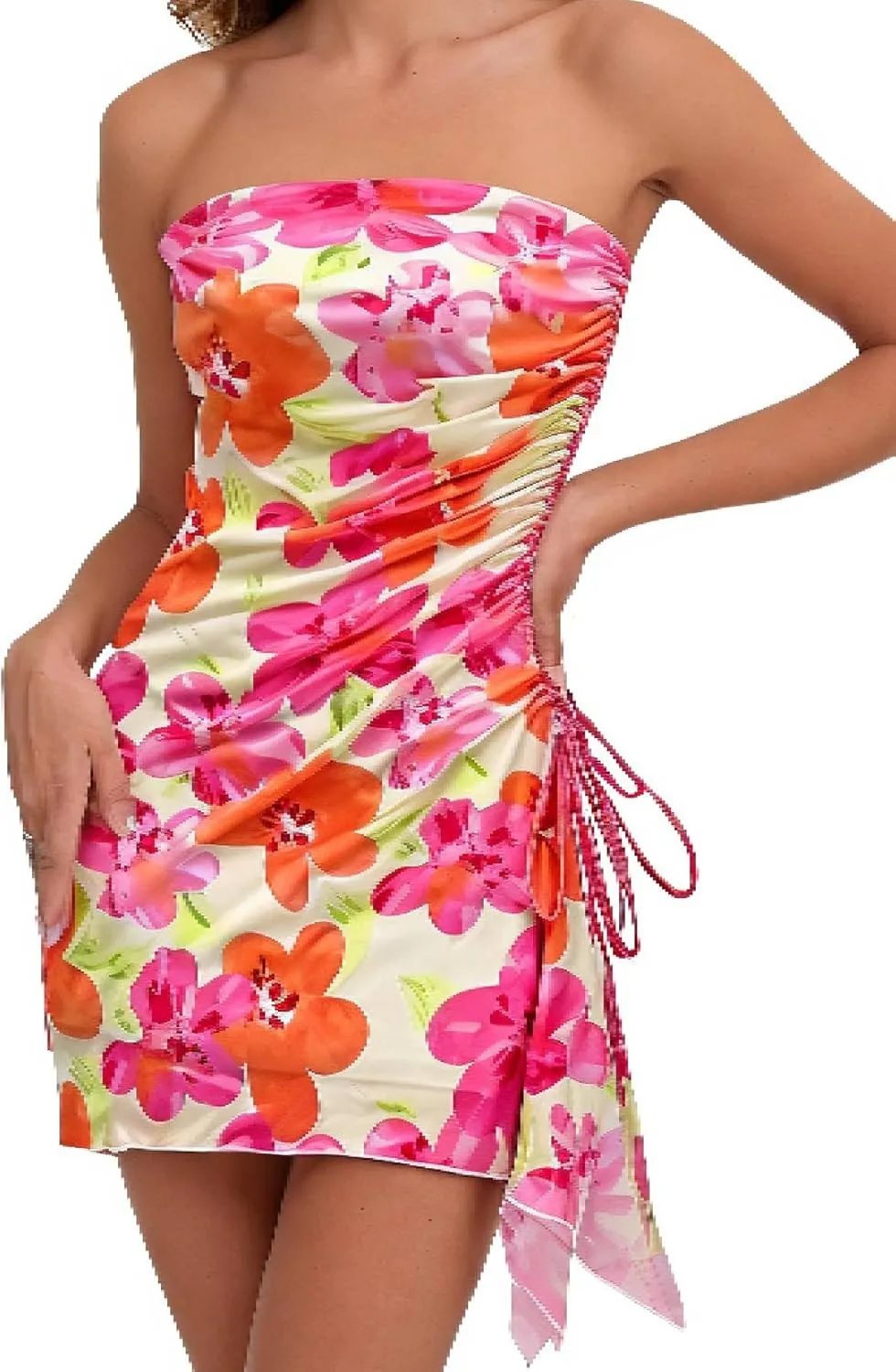 Milumia Women's Floral Ruched Mini Tube Dress Strapless Split Hem Bodycon Dresses