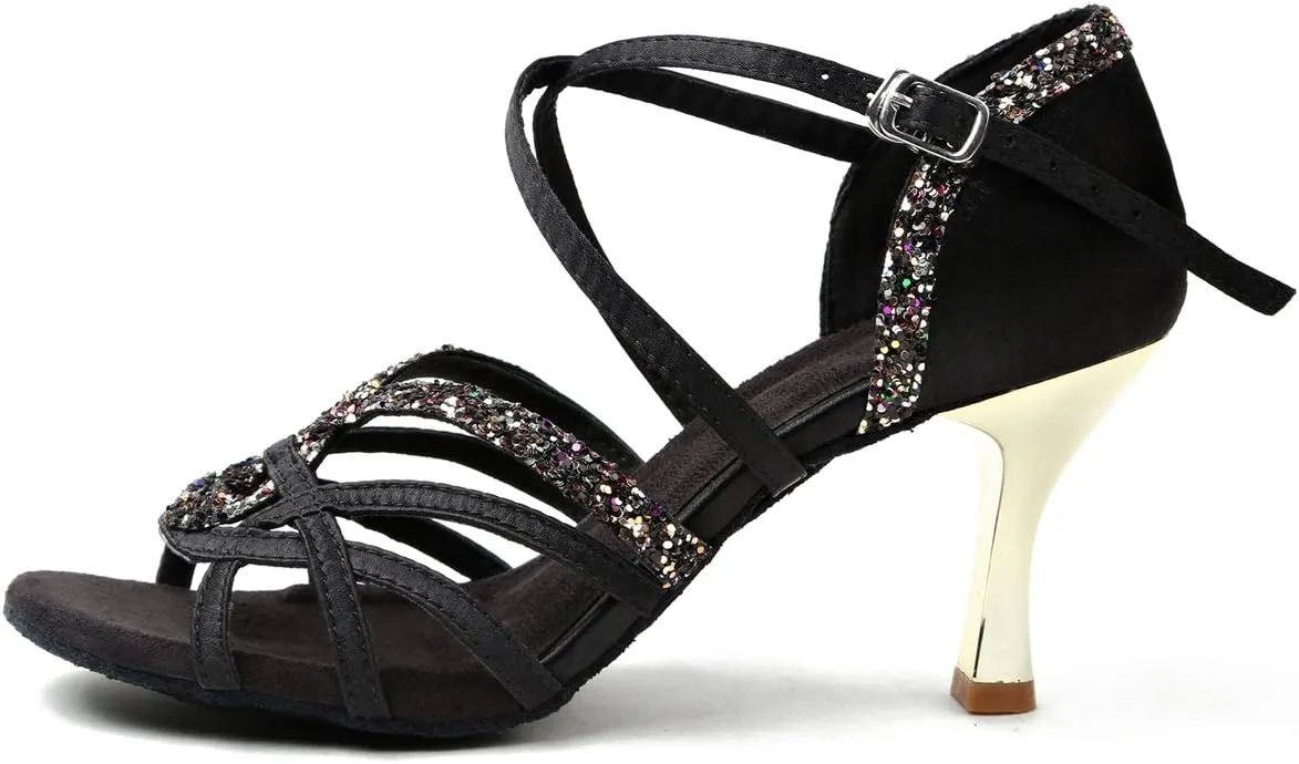 Minishion GL239 Women's High Heel Buckle Satin Latin Ballroom Tango Salsa Dance Shoes Wedding Party Prom Sandals