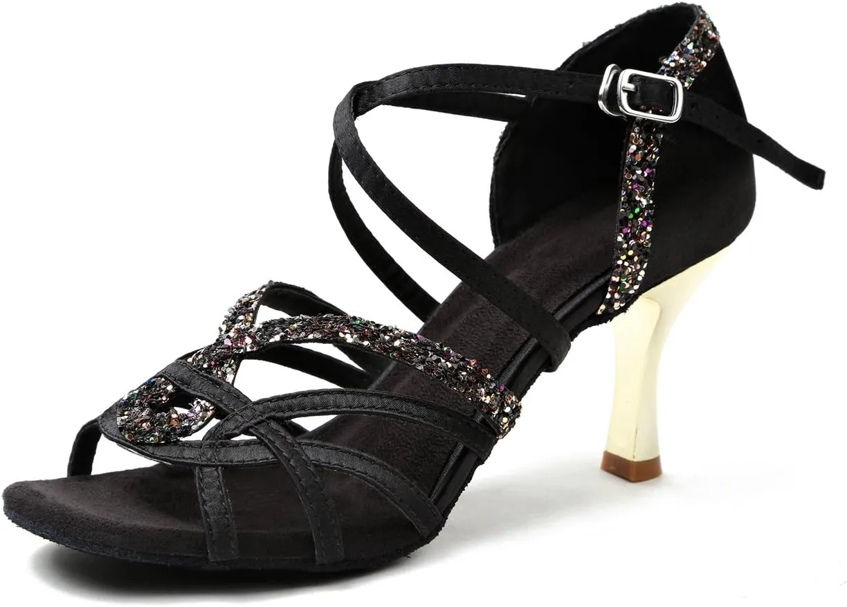Minishion GL239 Women's High Heel Buckle Satin Latin Ballroom Tango Salsa Dance Shoes Wedding Party Prom Sandals