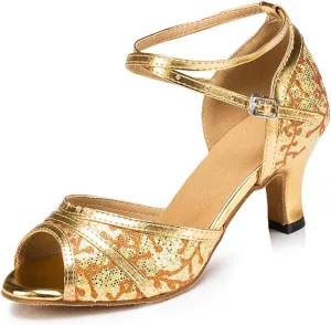 Misu Women's Peep Toe Sandals Latin Salsa Tango Practice Ballroom Dance Shoes with 2.3" Heel,Gold Glitter,5.5 B(M) US