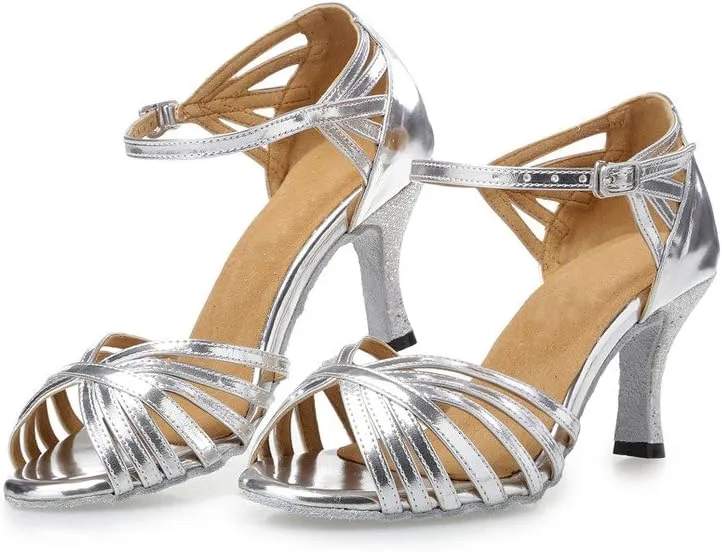 Misu Women's Peep Toe Sandals Latin Salsa Tango Practice Ballroom Dance Shoes with 2.75" Heel,Silver Patent Leather,9 B(M) US