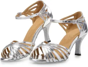 Misu Women's Peep Toe Sandals Latin Salsa Tango Practice Ballroom Dance Shoes with 2.75" Heel,Silver Patent Leather,9 B(M) US