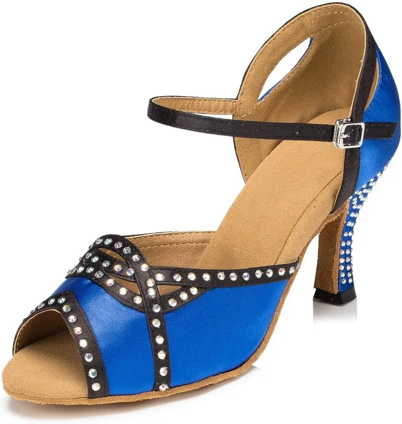 Misu Women's Peep Toe Sandals Latin Salsa Tango Practice Ballroom Dance Shoes with 2.7" Heel,Blue Satin,5.5 B(M) US