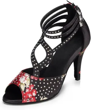 Misu Women's Peep Toe Sandals Latin Salsa Tango Practice Ballroom Dance Shoes with 3.3" Heel,Black and Red Satin,8.5 B(M) US