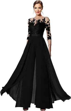Mother of The Bride Pant Suits - 3/4 Sleeves Chiffon Lace Wedding Formal Jumpsuits