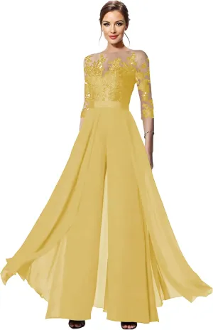 Mother of The Bride Pant Suits - 3/4 Sleeves Chiffon Lace Wedding Formal Jumpsuits