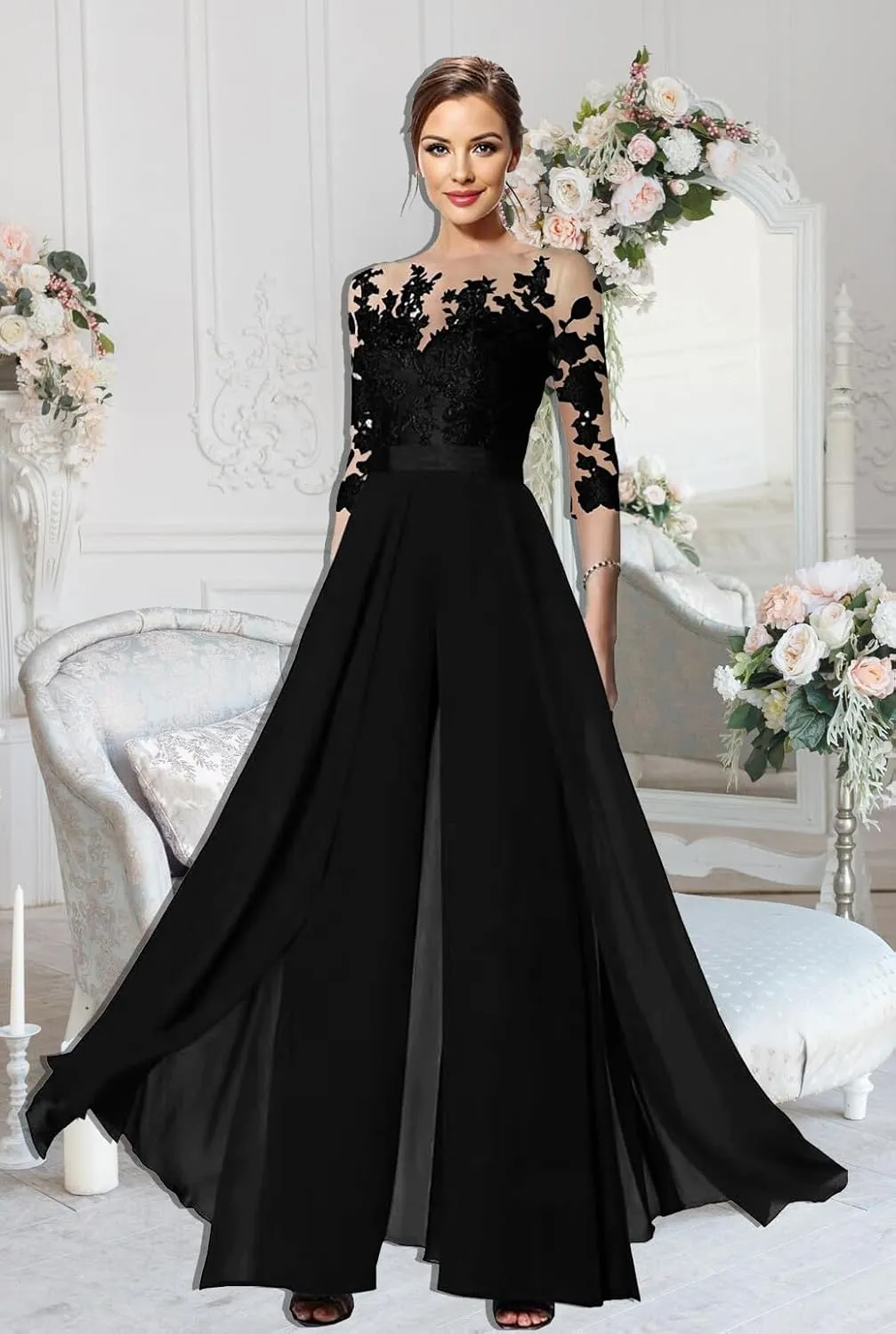 Mother of The Bride Pant Suits - 3/4 Sleeves Chiffon Lace Wedding Formal Jumpsuits