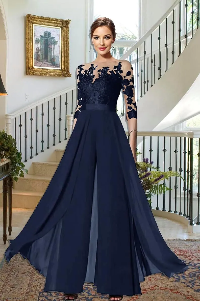 Mother of The Bride Pant Suits - 3/4 Sleeves Chiffon Lace Wedding Formal Jumpsuits