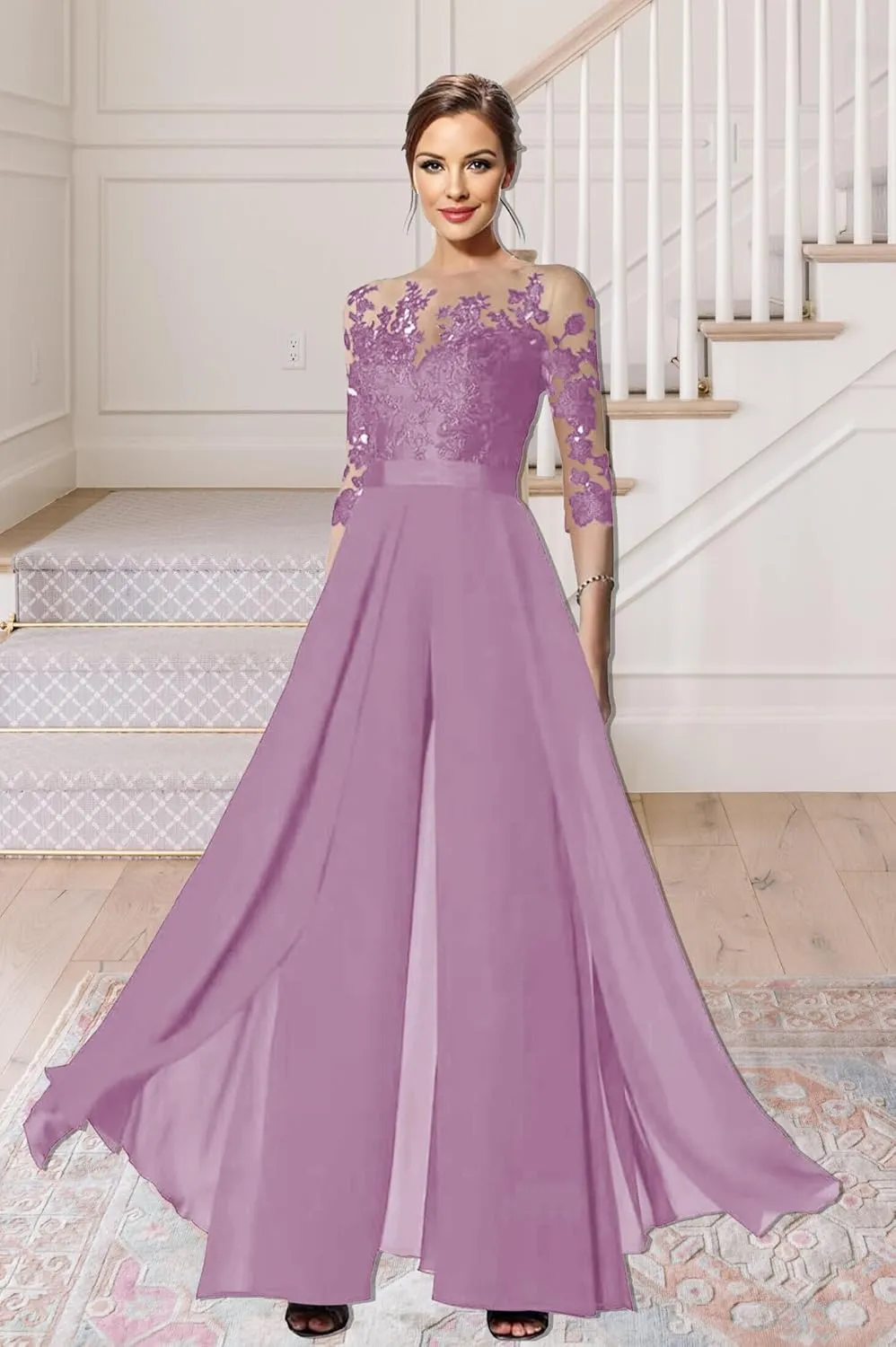 Mother of The Bride Pant Suits - 3/4 Sleeves Chiffon Lace Wedding Formal Jumpsuits