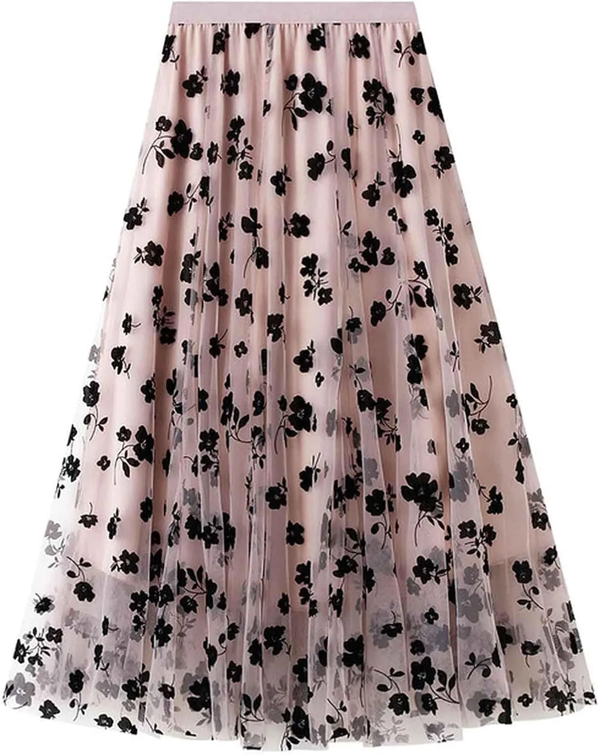 Mujer Women's Tutu Tulle Skirt Elastic High Waist Midi Pleated Skirt A-Line Black Flocking Flowers Layered Mesh Skirt Falda de tul
