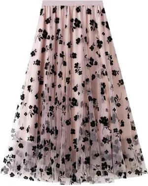 Mujer Women's Tutu Tulle Skirt Elastic High Waist Midi Pleated Skirt A-Line Black Flocking Flowers Layered Mesh Skirt Falda de tul