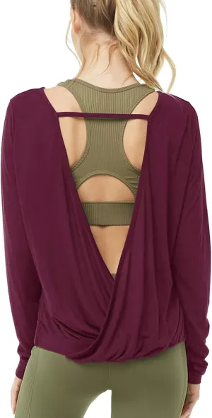 Muzniuer Women's Long Sleeve Open Back Workout Shirts Loose Backless Yoga Shirts Thumb Hole Shirts