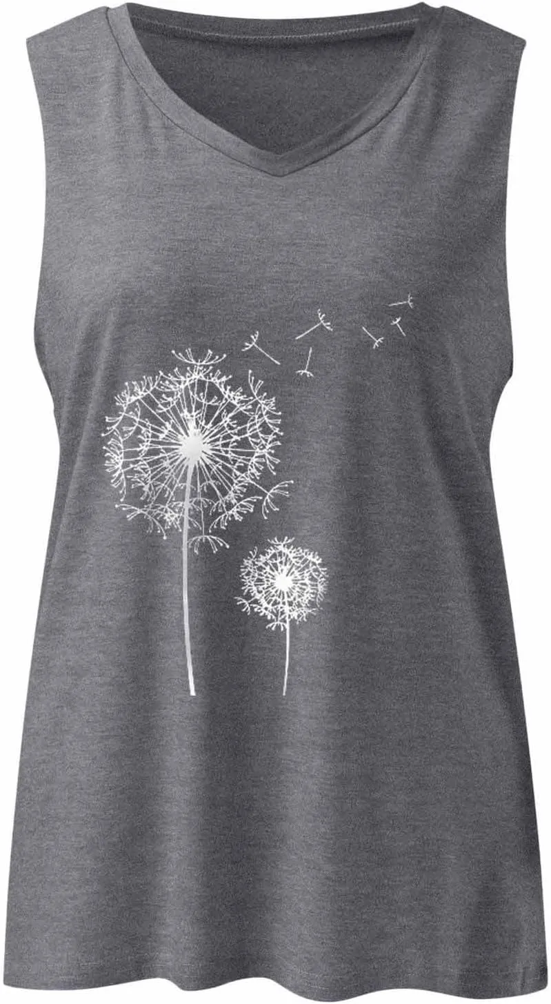 Mzkdieey Dandelion Tank Tops for Women Inspirational Graphic Tee Summer Sleeveless V Neck Tanks Casual Loose Fit Tunic Vest