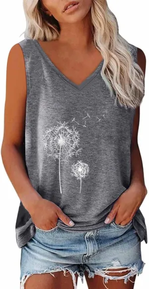 Mzkdieey Dandelion Tank Tops for Women Inspirational Graphic Tee Summer Sleeveless V Neck Tanks Casual Loose Fit Tunic Vest