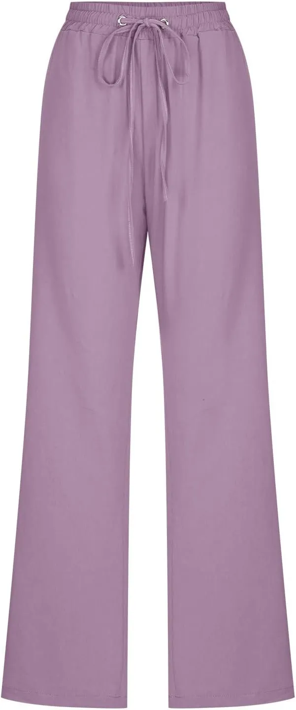 NaRHbrg Womens Linen Wide Leg Pants Casual Linen High Waist Pants High Waisted Drawstring Baggy Loose Trousers with Pockets
