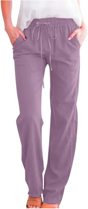 NaRHbrg Womens Linen Wide Leg Pants Casual Linen High Waist Pants High Waisted Drawstring Baggy Loose Trousers with Pockets