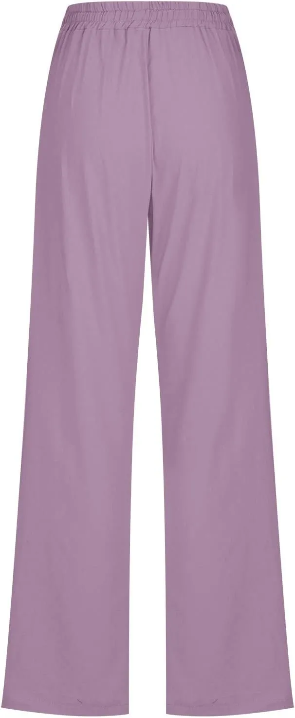 NaRHbrg Womens Linen Wide Leg Pants Casual Linen High Waist Pants High Waisted Drawstring Baggy Loose Trousers with Pockets