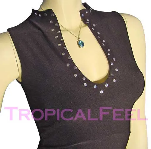 NEW Womens Tops BLACK Light BLUE Sleeveless Clubwear Club Wear Clubbing TOP Silver Metal Dots Studs
