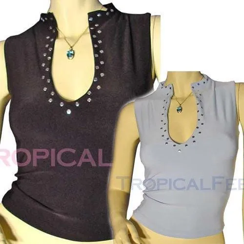 NEW Womens Tops BLACK Light BLUE Sleeveless Clubwear Club Wear Clubbing TOP Silver Metal Dots Studs