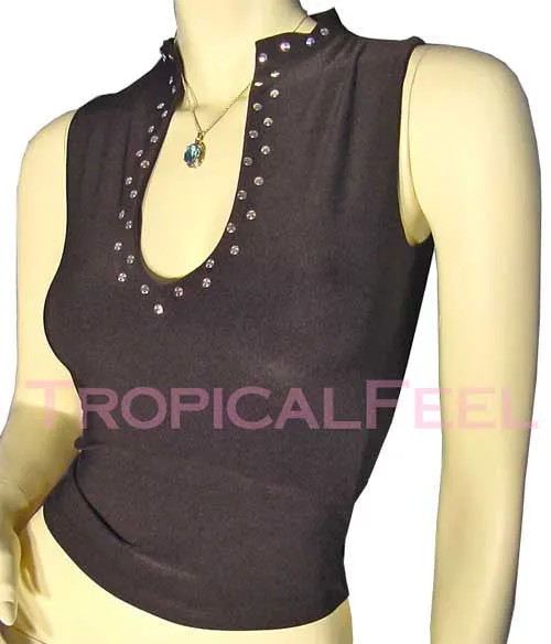 NEW Womens Tops BLACK Light BLUE Sleeveless Clubwear Club Wear Clubbing TOP Silver Metal Dots Studs