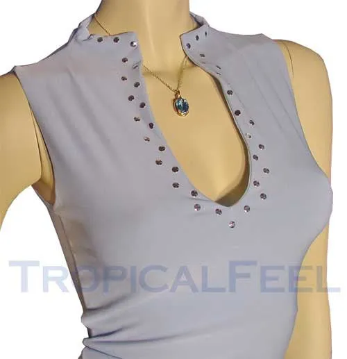 NEW Womens Tops BLACK Light BLUE Sleeveless Clubwear Club Wear Clubbing TOP Silver Metal Dots Studs