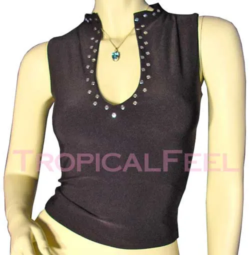 NEW Womens Tops BLACK Light BLUE Sleeveless Clubwear Club Wear Clubbing TOP Silver Metal Dots Studs