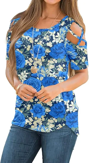 NILOUFO Womens Summer T Shirts Short Sleeve Tunic Strappy Cold Shoulder Tops