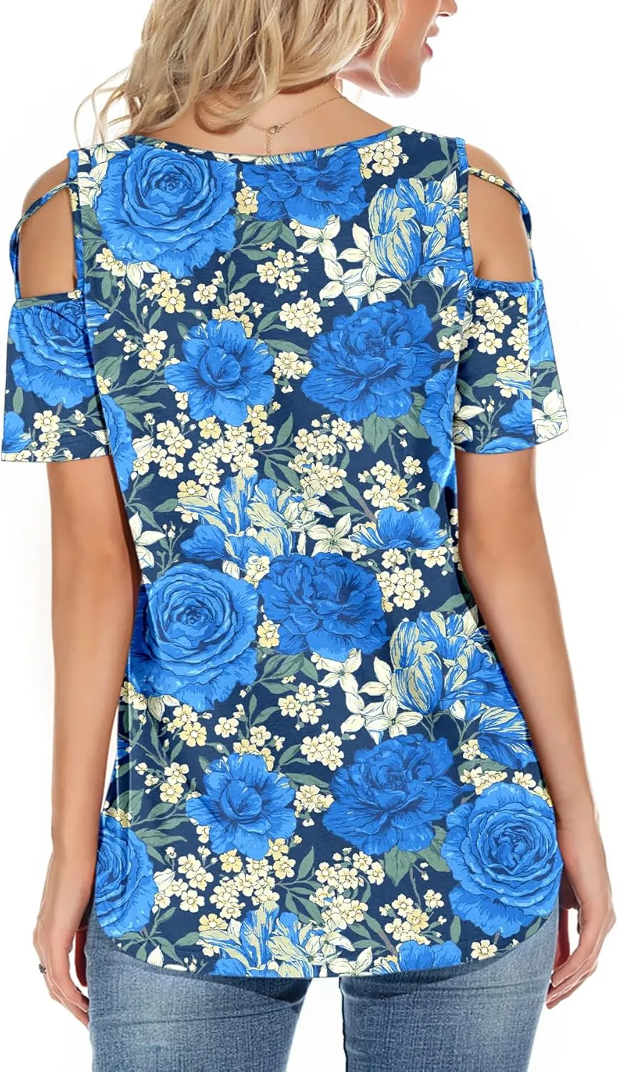 NILOUFO Womens Summer T Shirts Short Sleeve Tunic Strappy Cold Shoulder Tops