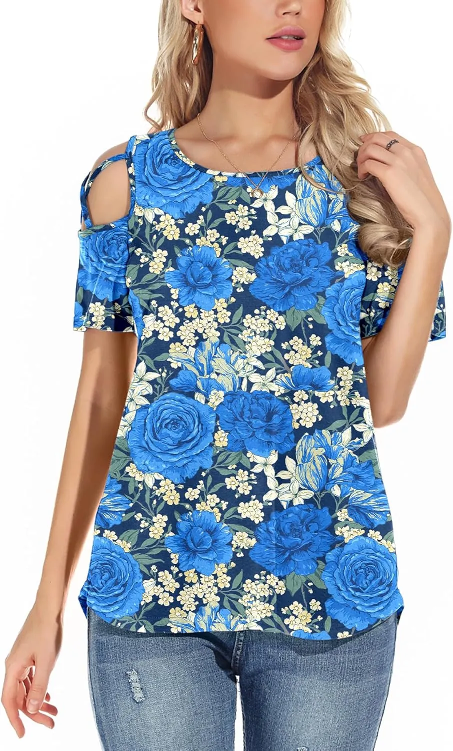 NILOUFO Womens Summer T Shirts Short Sleeve Tunic Strappy Cold Shoulder Tops