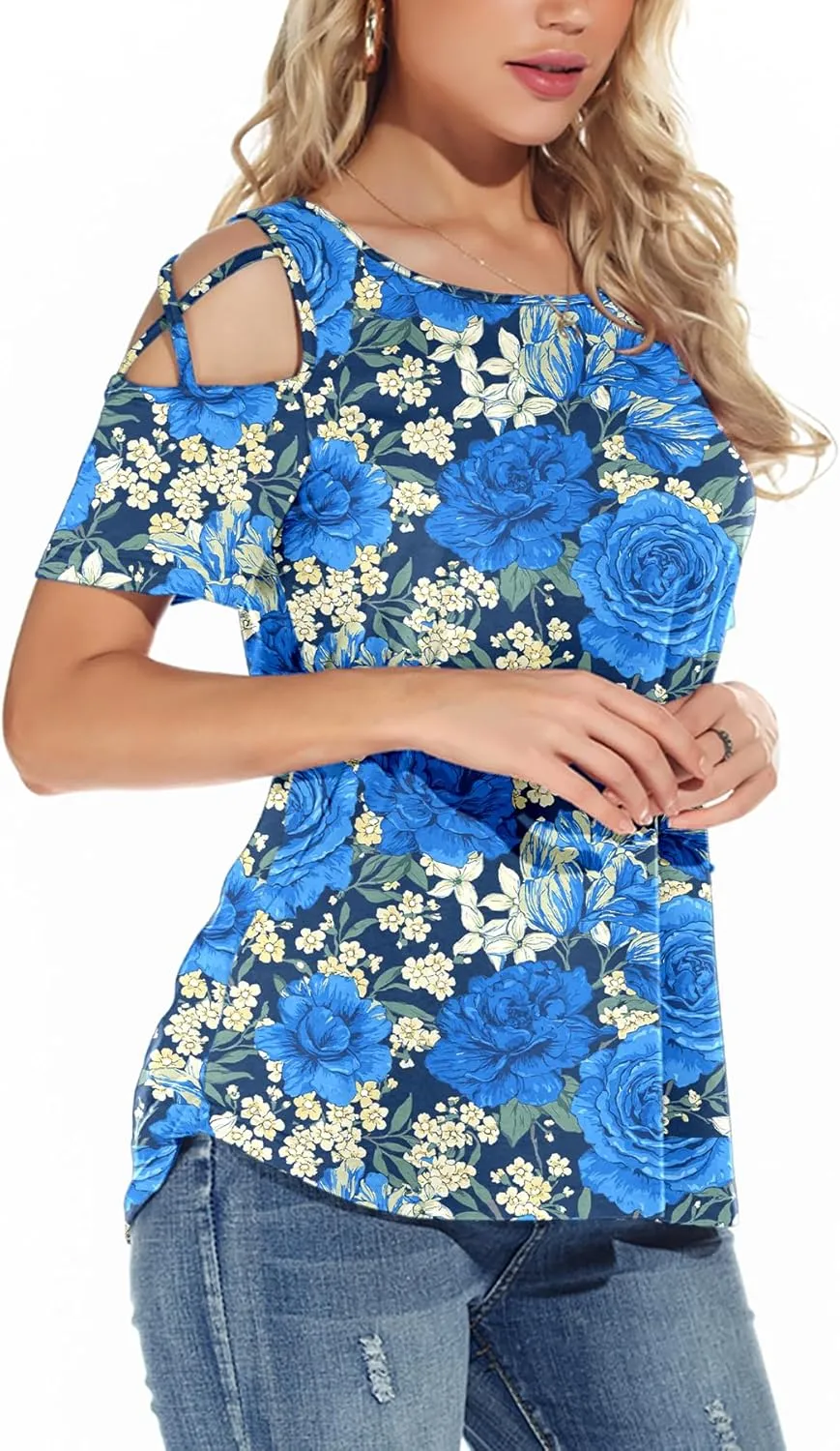 NILOUFO Womens Summer T Shirts Short Sleeve Tunic Strappy Cold Shoulder Tops