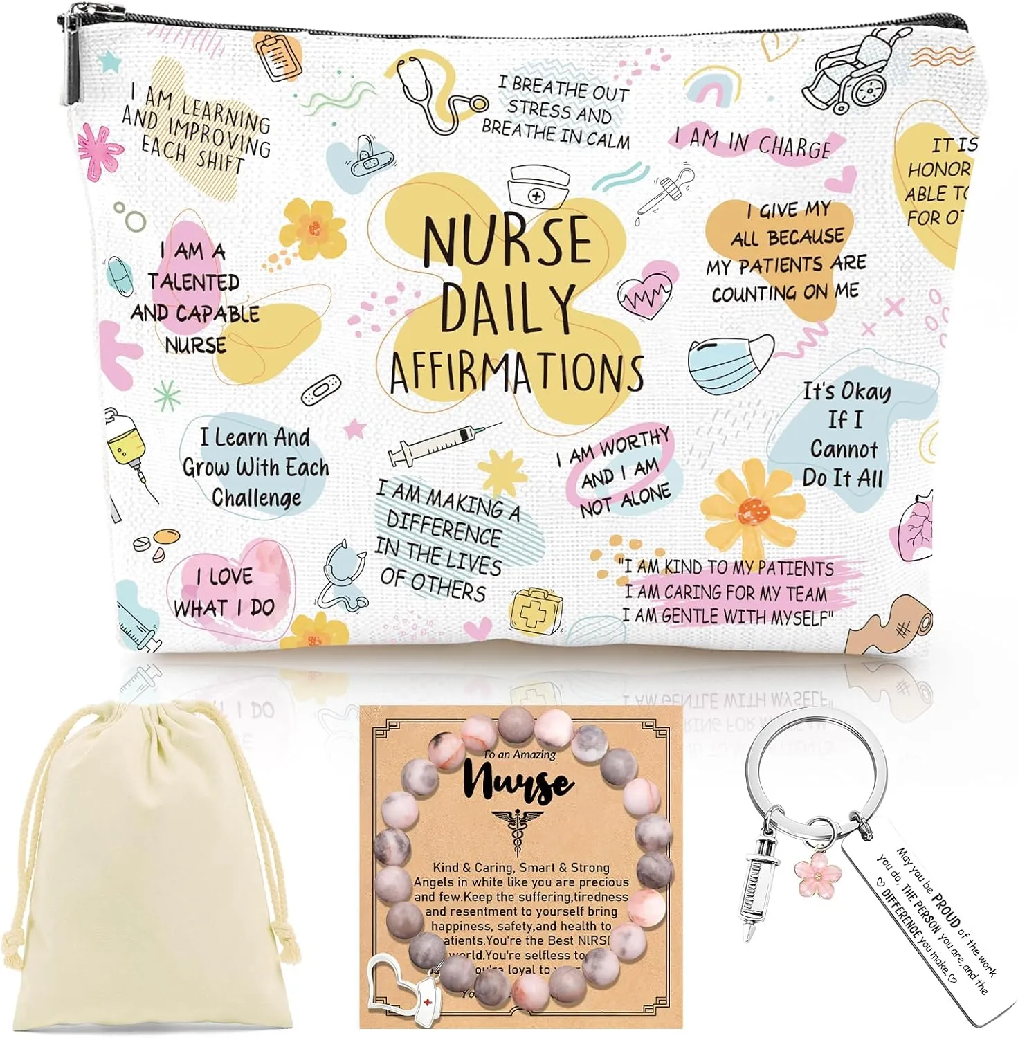 Nurse Gifts for Women - 3Pcs Nurse Appreciation Graduation Gifts Set, Nursing School Essentials, Nurses Week Birthday Christmas Gift with Makeup Bag Keychain and Healing Bracelets