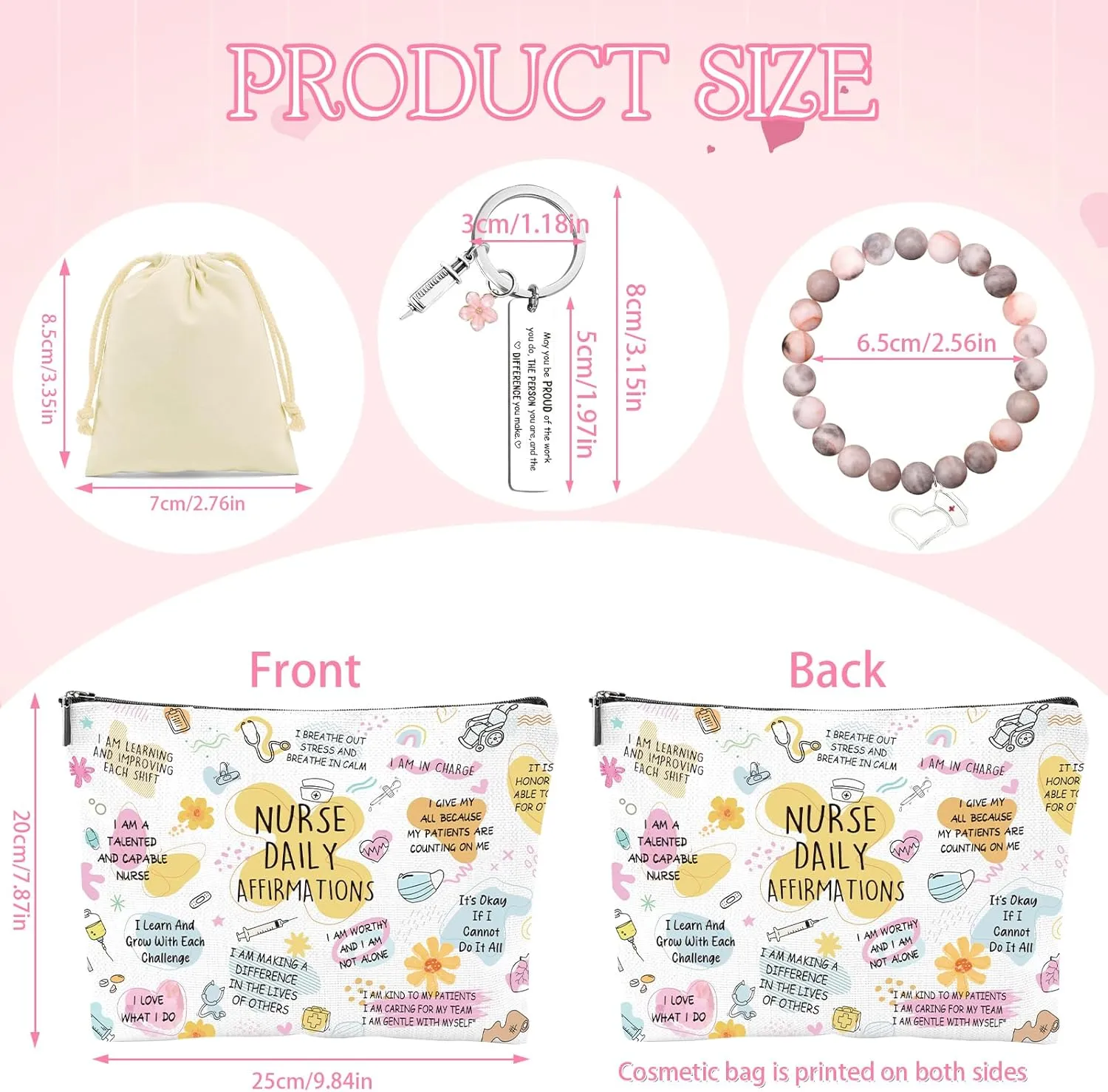 Nurse Gifts for Women - 3Pcs Nurse Appreciation Graduation Gifts Set, Nursing School Essentials, Nurses Week Birthday Christmas Gift with Makeup Bag Keychain and Healing Bracelets